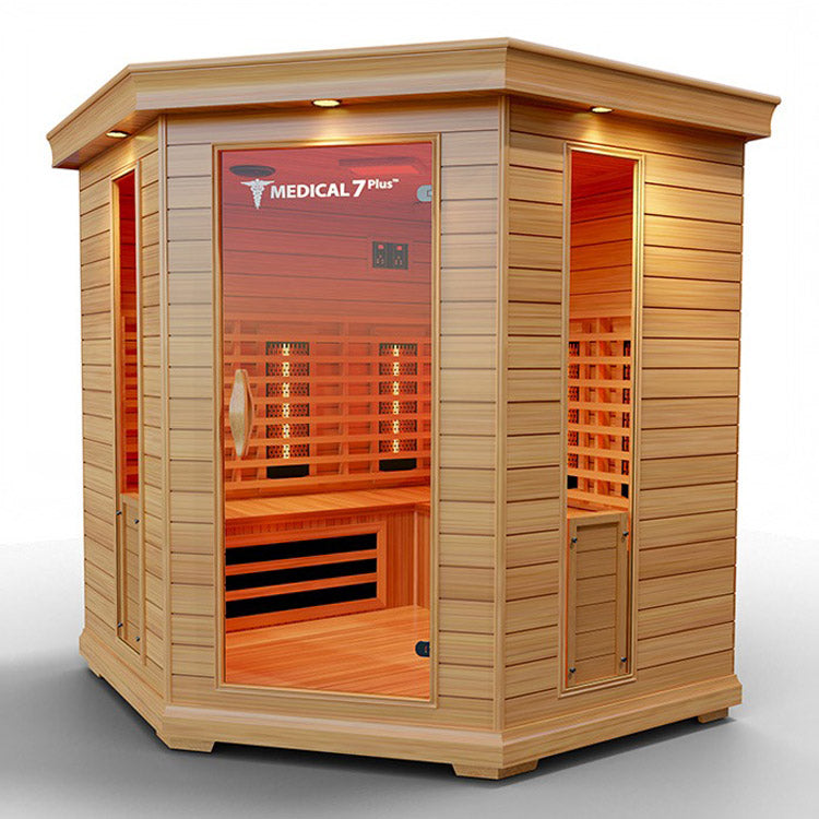 A Medical Sauna's Medical 7 Plus Infrared Sauna, designed for pain relief and improved blood flow, featuring a sleek glass door.