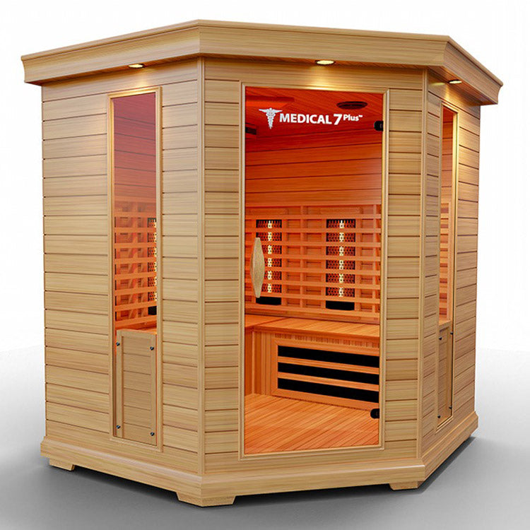 Experience pain relief in the Medical 7 Plus Infrared Sauna with a glass door that promotes increased blood flow by Medical Sauna.