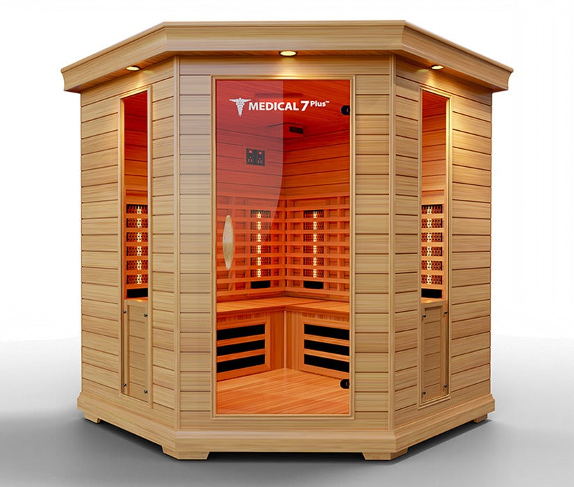 Experience the incredible benefits of the Medical 7 Plus Infrared Sauna, crafted from high-quality wood and featuring a sleek glass door. Enhance your well-being with soothing heat that penetrates deep into your body, promoting relaxation and detoxification.