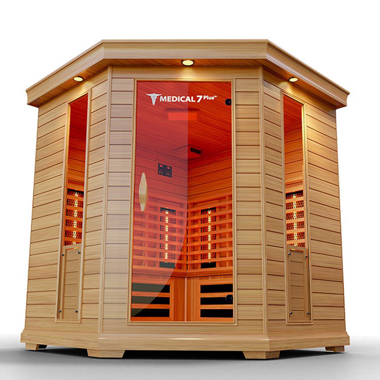 A Medical 7 Plus Infrared Sauna, known for its ability to improve blood flow and provide pain relief, featuring a sleek glass door.