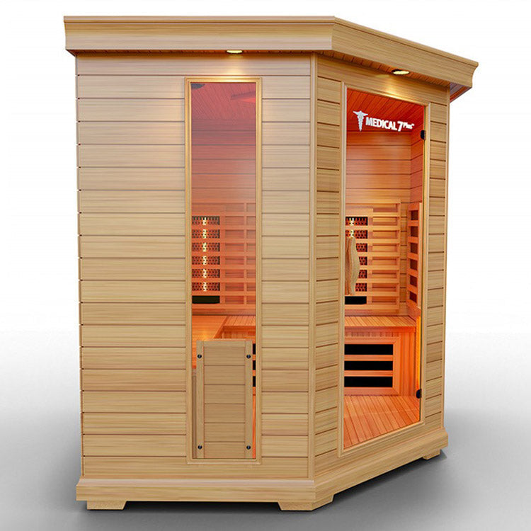 A Medical 7 Plus Infrared Sauna by Medical Sauna on a white background, designed for ultimate blood flow and pain relief.