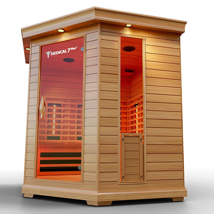 A Medical 7 Plus Infrared Sauna, known for its pain relief benefits and ability to improve blood flow, sits on a pristine white background.