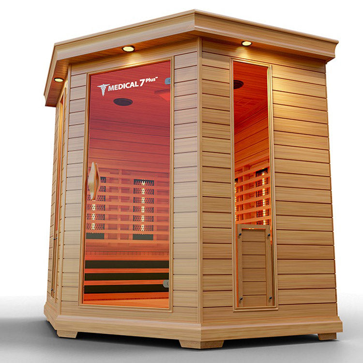 A Medical 7 Plus Infrared Sauna, manufactured by Medical Sauna, featuring a glass door designed to provide pain relief and improve blood flow.