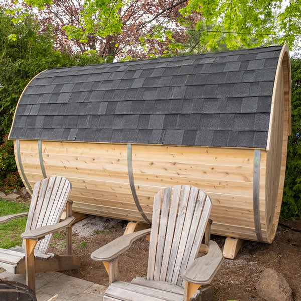 A Dundalk LeisureCraft Tranquility sauna with a Dundalk LeisureCraft Black Asphalt Shingle Roof (Includes Trim).
