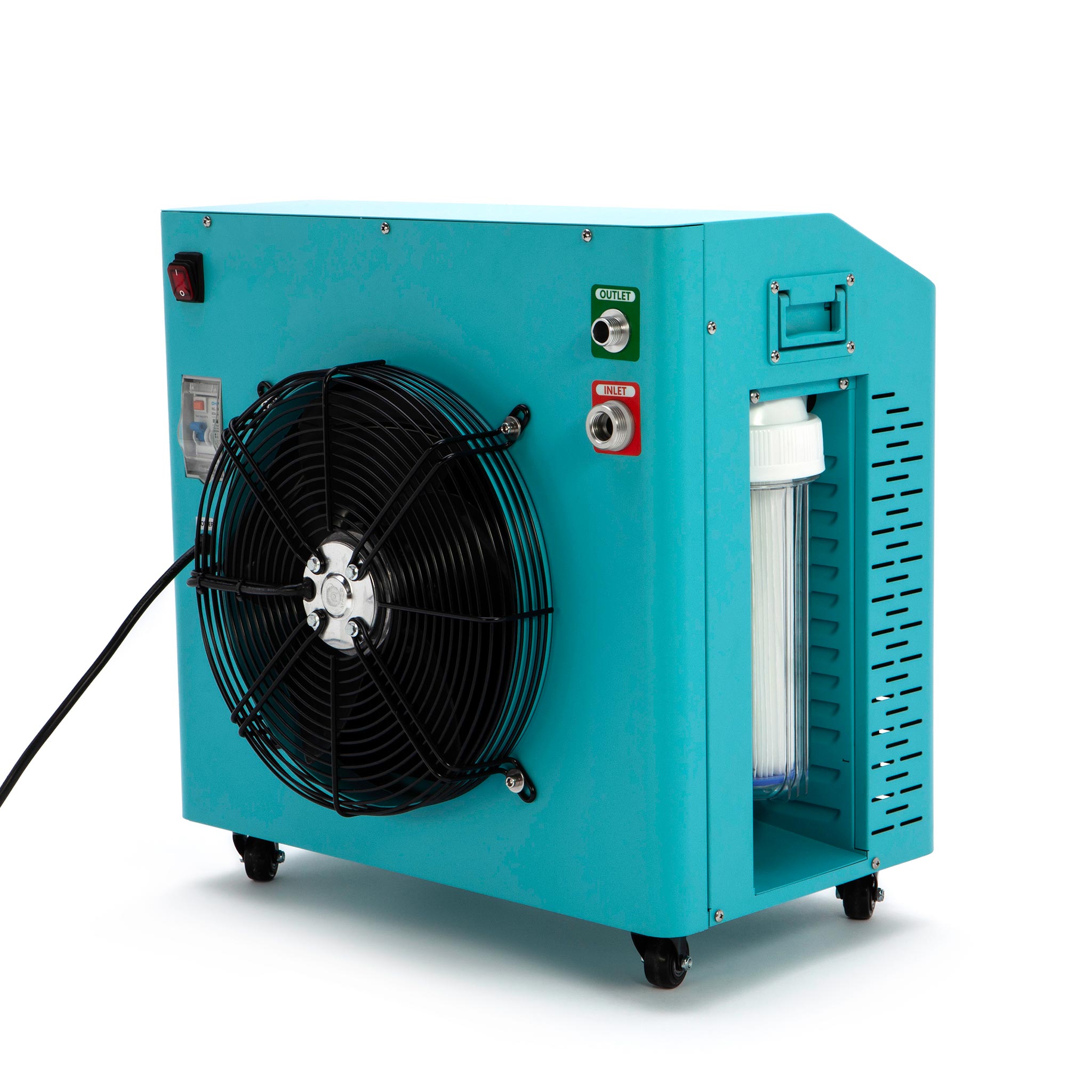A blue CRYOSPRING machine with a fan attached to it, designed for Cryospring Cold + Hot Plunge System and recovery routine.