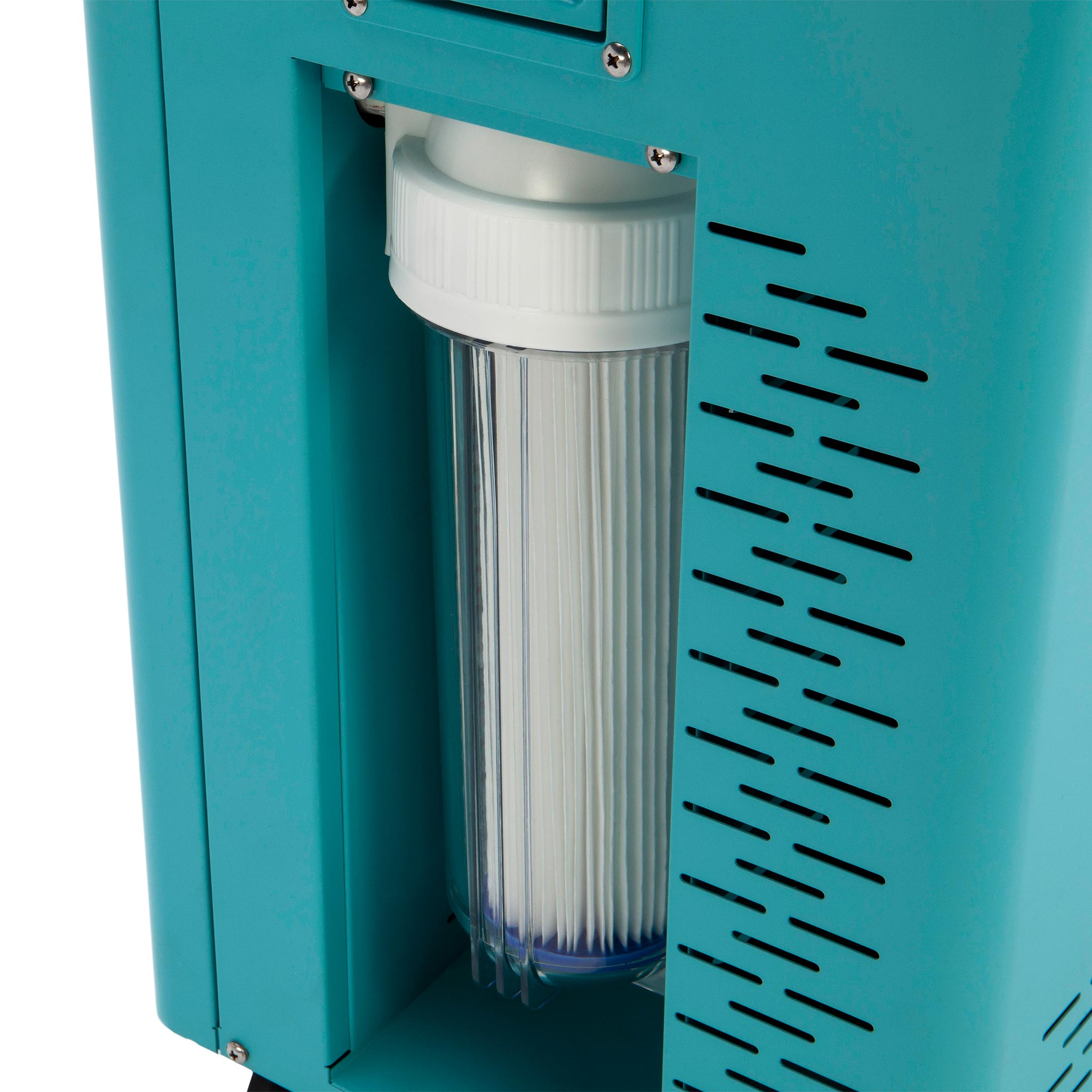 A blue CRYOSPRING water purifier with a filter in it, perfect for your recovery routine.