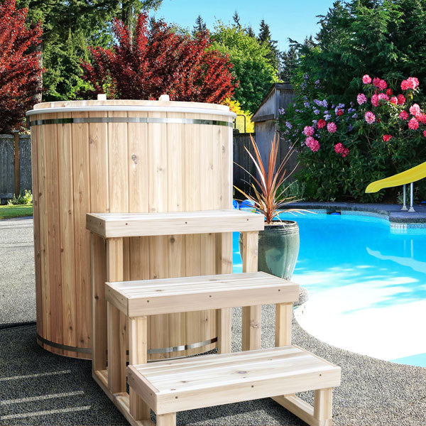 The Dundalk LeisureCraft The Baltic Cold Plunge Tub, part of the Canadian Timber Collection, offers a relaxing and organic experience with its wooden design.