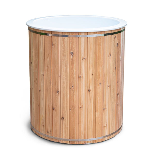 A wooden Dundalk LeisureCraft The Baltic Cold Plunge Tub on a white background.