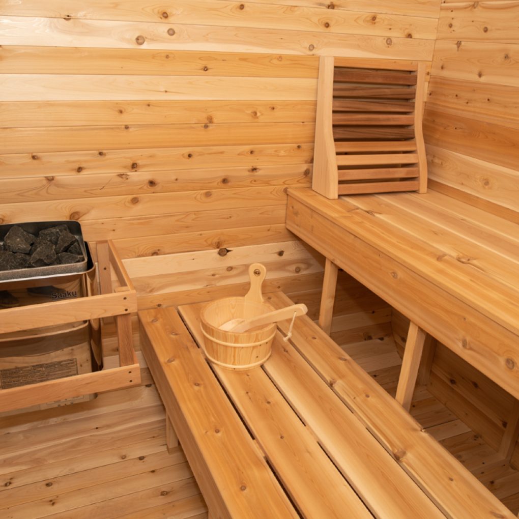 A Dundalk LeisureCraft Luna Sauna made of luxury Dundalk Canadian Timber, crafted from exquisite Eastern White Cedar.