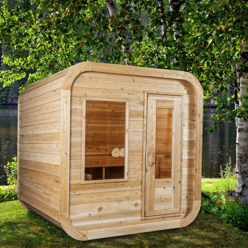 A luxurious Dundalk Canadian Timber Luna Sauna made of Eastern White Cedar, featuring a window on the side.