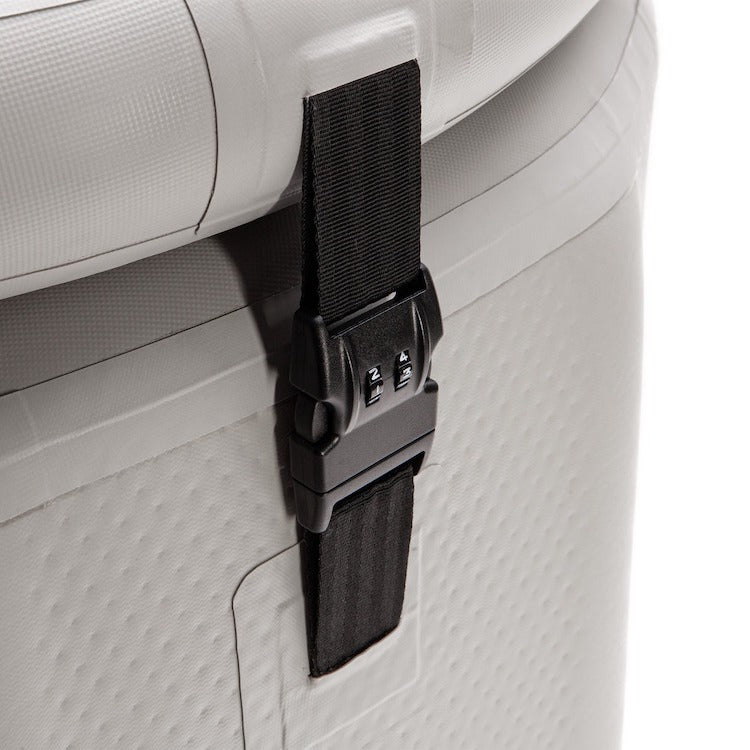 A Cryospring portable gray cooler with a black strap attached to it.