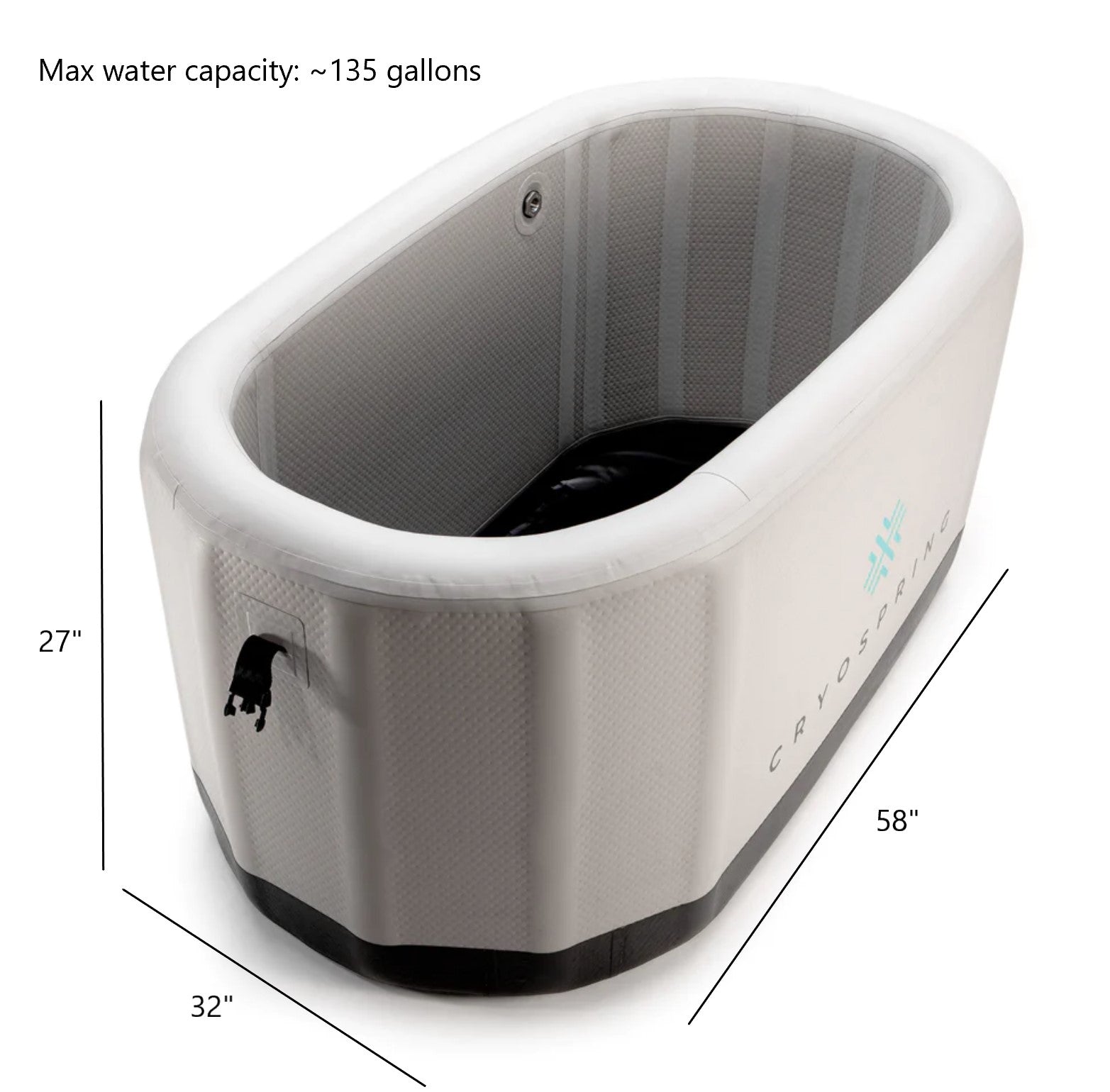 The dimensions of a CRYOSPRING Cold + Hot Plunge System inflatable hot tub designed for Cold Plunge recovery routines.