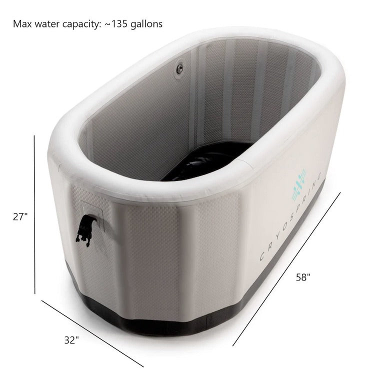 The dimensions of a Cryospring Portable Ice Bath, a portable inflatable tub.