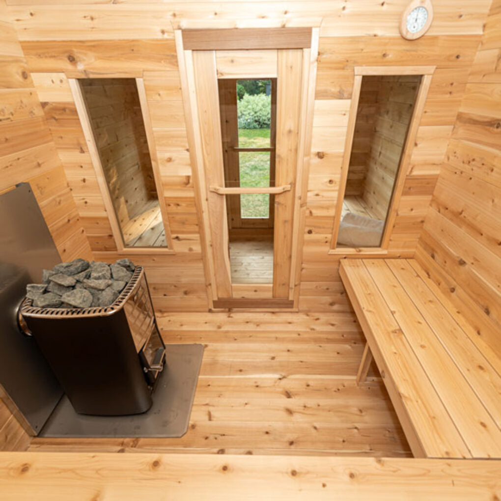 A Dundalk Canadian Timber CT Georgian Cabin Sauna with Changing Room wooden bench in a sauna.