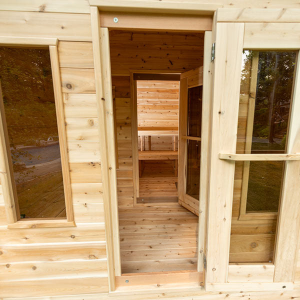 The Dundalk LeisureCraft sauna door is open.