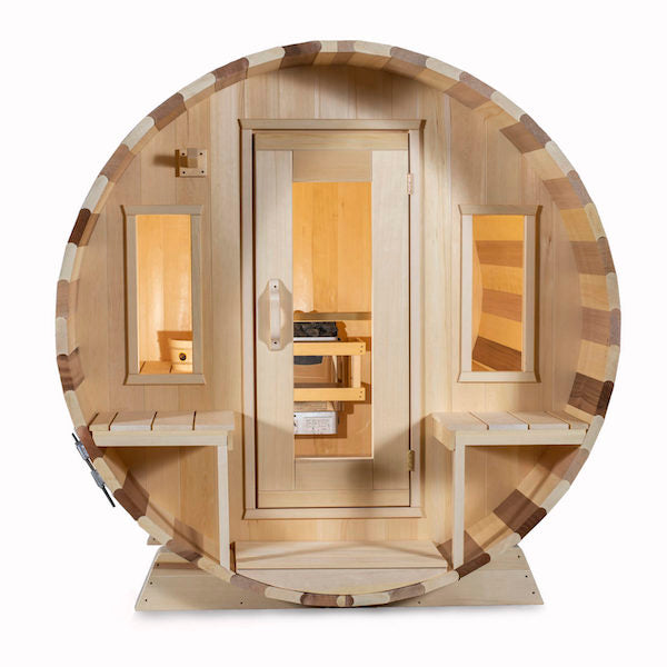 A Dundalk Canadian Timber Tranquility Sauna made by Dundalk Leisurecraft, featuring a door and window for ultimate Canadian Timber Tranquility.