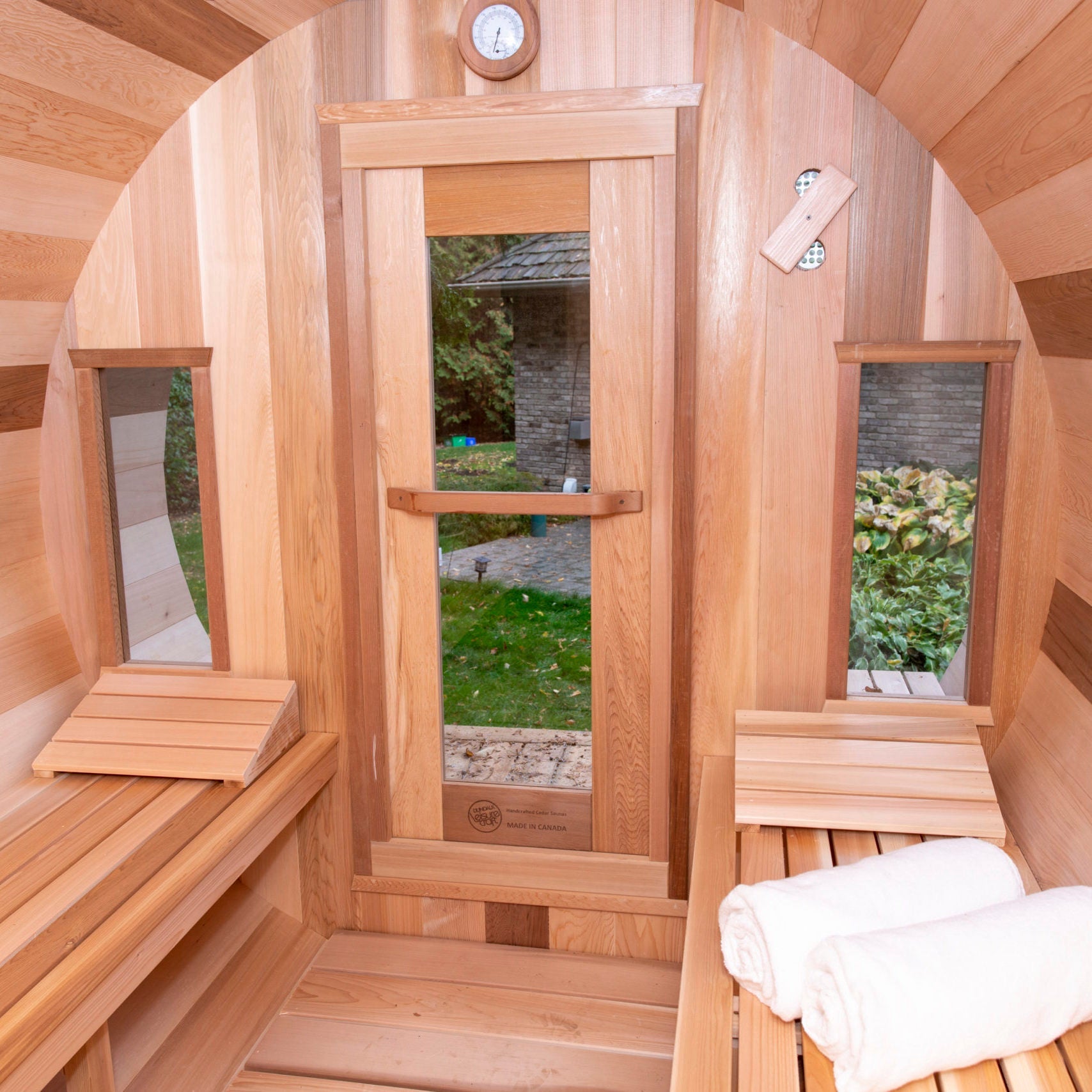 A Dundalk Canadian Timber Tranquility Sauna made of Canadian Cedar timber, manufactured by Dundalk Leisurecraft.