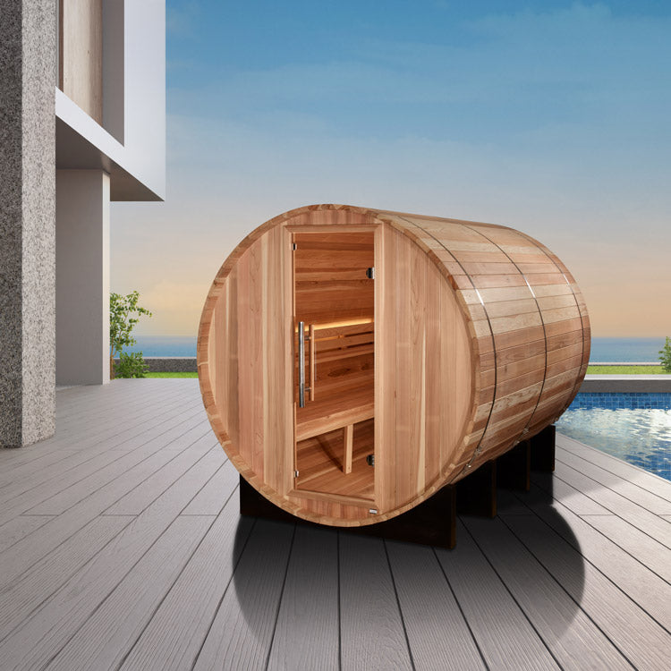golden designs traditional Sauna "Klosters" 6 Person Barrel sauna.