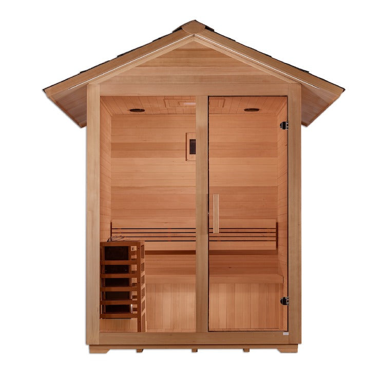 A Golden Designs Sauna "Arlberg" 3 Person Traditional Outdoor Sauna - Canadian Hemlock, with a traditional design and an open door.