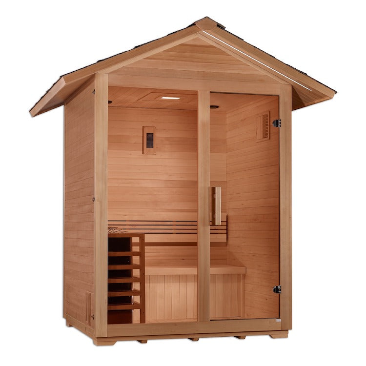 A Golden Designs Sauna "Arlberg" 3 Person Traditional Outdoor Sauna - Canadian Hemlock with a wooden infrared sauna and a door.