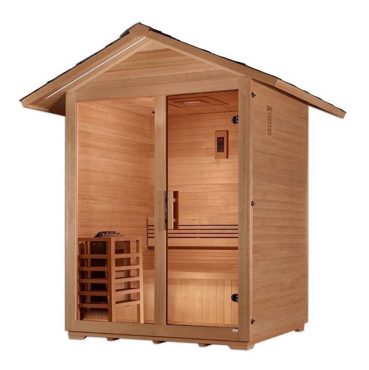 A Golden Designs Sauna "Arlberg" 3 Person Traditional Outdoor Sauna - Canadian Hemlock with a wooden infrared sauna and a door.