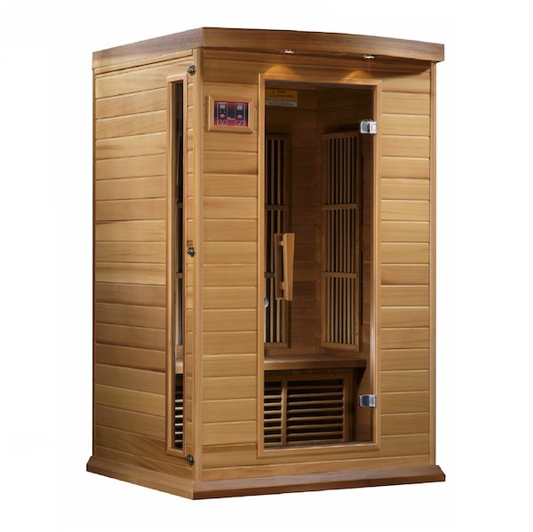 A Maxxus Saunas 2-Person Low EMF FAR Infrared Sauna (Canadian Red Cedar) with a wooden door, designed to provide low EMF exposure.