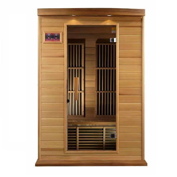 An Maxxus 2-Person Low EMF FAR Infrared Sauna (Canadian Red Cedar) with a wooden door, designed for low EMF exposure.