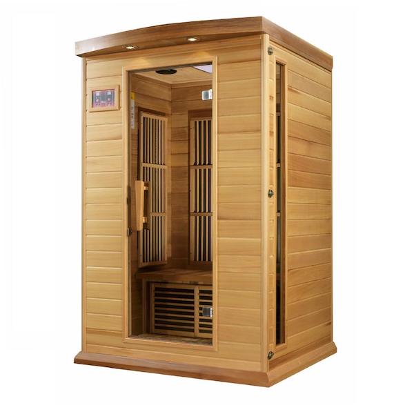 The Maxxus Saunas Maxxus 2-Person Low EMF FAR Infrared Sauna (Canadian Red Cedar) features a wooden door with low EMF levels for a safer and more enjoyable sauna experience.