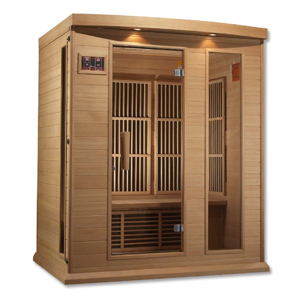 An energy efficient Maxxus 3-Person Low EMF FAR Infrared Sauna (Canadian Hemlock) with glass doors. (Brand: Maxxus Saunas)