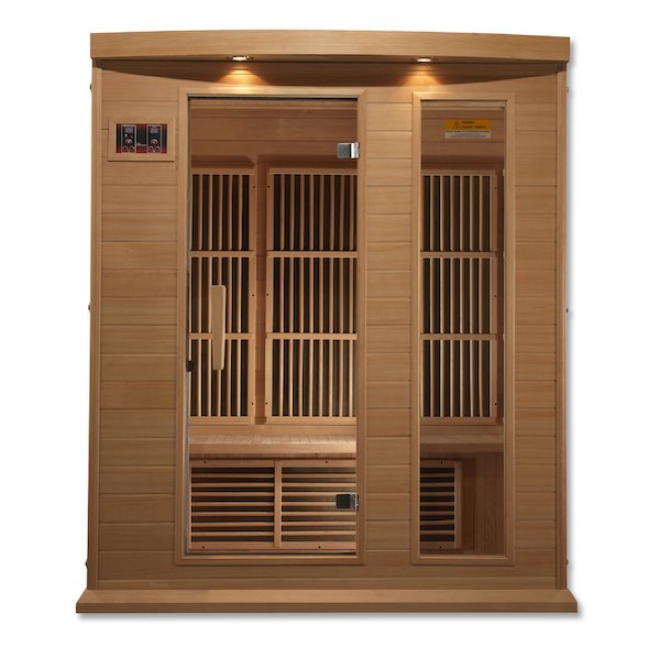 A Maxxus 3-Person Low EMF FAR Infrared Sauna (Canadian Hemlock) with two doors, made from Canadian Hemlock wood for energy efficiency.