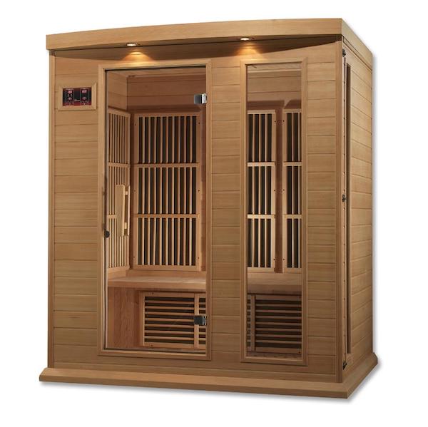 An energy-efficient Maxxus 3-Person Low EMF FAR Infrared Sauna made of Canadian Hemlock on a white background.