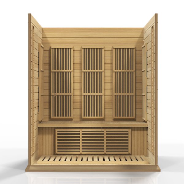 A Maxxus 3-Person Low EMF FAR Infrared Sauna (Canadian Hemlock) with a wooden door for an energy efficient and rejuvenating experience.