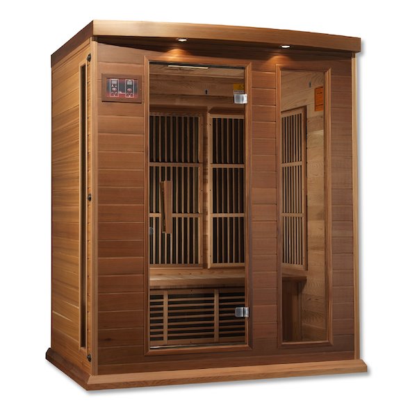 This Maxxus 3-Person Low EMF FAR Infrared Sauna (Canadian Red Cedar) from Maxxus Saunas is made from reforested Canadian Hemlock wood and features energy efficient heating panels.