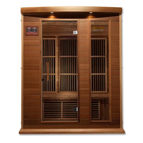 The Maxxus 3-Person Low EMF FAR Infrared Sauna (Canadian Red Cedar) from Maxxus Saunas is made with reforested Canadian Hemlock wood and features energy efficient heating panels.