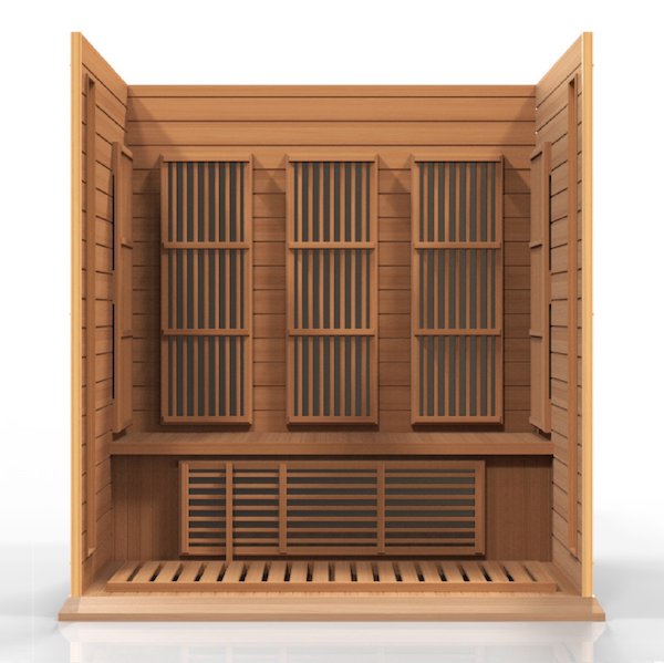 The Maxxus 3-Person Low EMF FAR Infrared Sauna (Canadian Red Cedar) is a luxurious sauna made with reforested Canadian Hemlock wood. It features energy efficient heating panels for ultimate relaxation and detoxification.