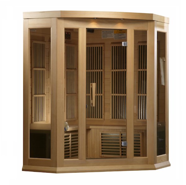 A Maxxus 3-Person Corner Low EMF FAR Infrared Sauna (Canadian Hemlock), from Maxxus Saunas, with glass doors, providing a FAR infrared experience.