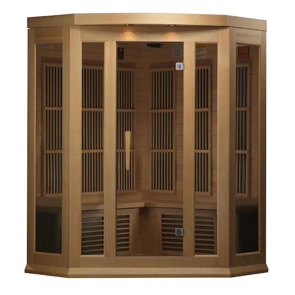 A Maxxus 3-Person Corner Low EMF FAR Infrared Sauna (Canadian Hemlock) with glass doors and low EMF.