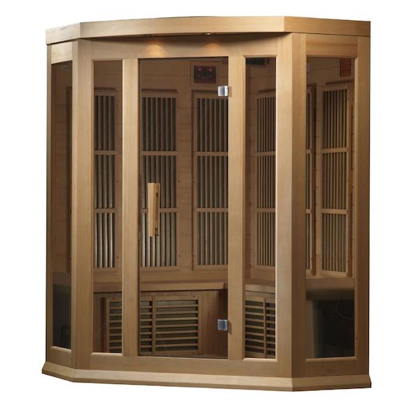 A Maxxus 3-Person Corner Low EMF FAR Infrared Sauna (Canadian Hemlock) with glass doors.