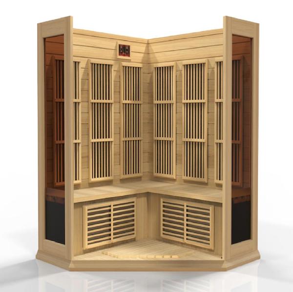 An Maxxus 3-Person Corner Low EMF FAR Infrared Sauna (Canadian Hemlock) with a wooden door.