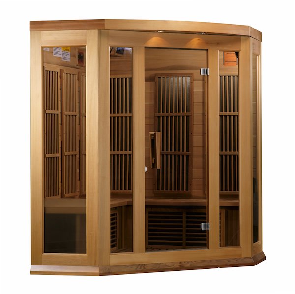 A Maxxus 3-Person Corner Low EMF FAR Infrared Sauna (Canadian Red Cedar) made with red cedar, featuring glass doors.