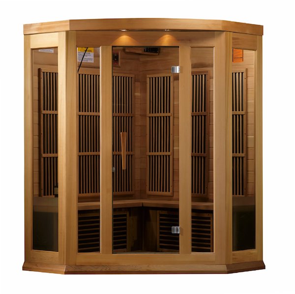 A Maxxus 3-Person Corner Low EMF FAR Infrared Sauna (Canadian Red Cedar) with glass doors, known for its low EMF levels.
