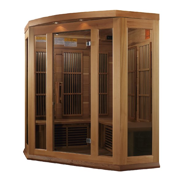 A Maxxus 3-Person Corner Low EMF FAR Infrared Sauna (Canadian Red Cedar) with glass doors crafted from Red Cedar wood.
