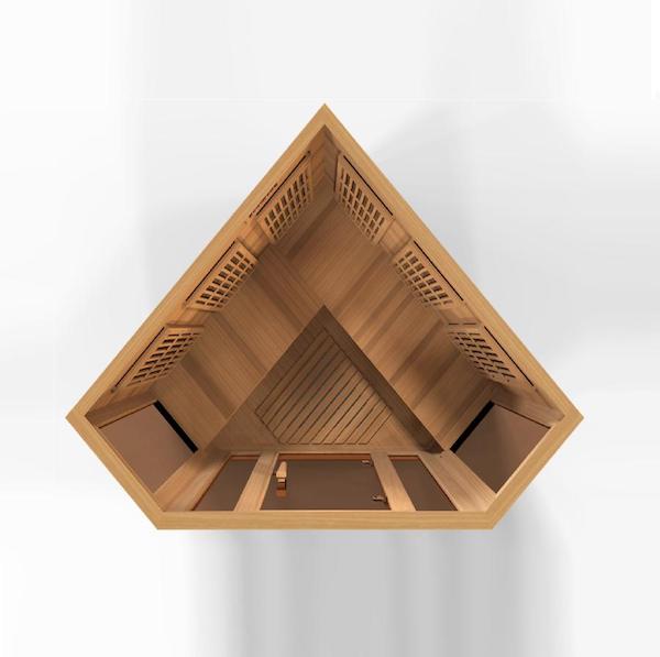 An Maxxus 3-Person Corner Low EMF FAR Infrared Sauna (Canadian Hemlock) with a triangle shape.