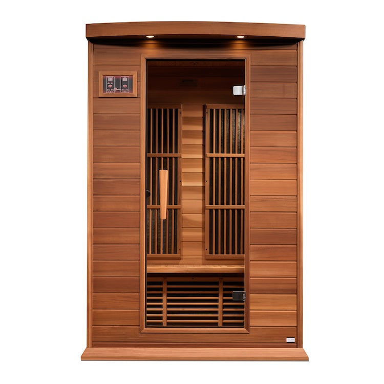 A Maxxus Saunas 2-Person Near Zero EMF FAR Infrared Sauna made with Canadian Red Cedar Wood and featuring a wooden door and Low EMF heating panels.