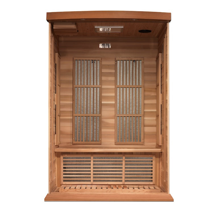 A Maxxus 2-Person Near Zero EMF FAR Infrared Sauna (Canadian Red Cedar), made of Canadian Reforested Red Cedar Wood, on a white background.
