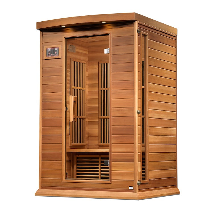 A Maxxus Saunas 2-Person Near Zero EMF FAR Infrared Sauna (Canadian Red Cedar) made with Canadian Reforested Red Cedar Wood, featuring a wooden door and low EMF heating panels.