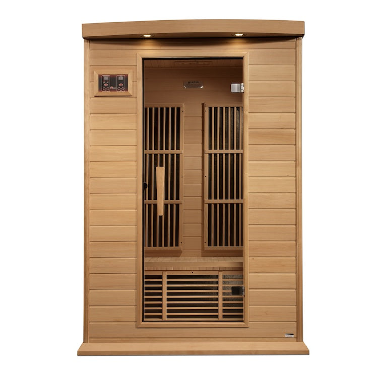 Experience the ultimate relaxation and detoxification with our Maxxus Saunas' Maxxus 2-Person Near Zero EMF FAR Infrared Sauna (Canadian Hemlock). Crafted with a sleek wooden door, this state-of-the-art sauna offers near-zero EMF levels for a safe experience.