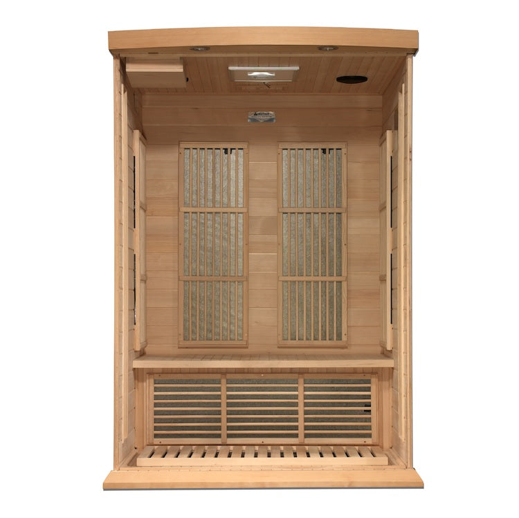 A Maxxus Saunas Maxxus 2-Person Near Zero EMF FAR Infrared Sauna (Canadian Hemlock) with a wooden door that ensures Near Zero EMF radiation exposure.