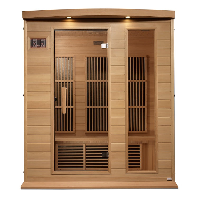 A Maxxus Saunas 3-Person Near Zero EMF FAR infrared sauna with a wooden door.