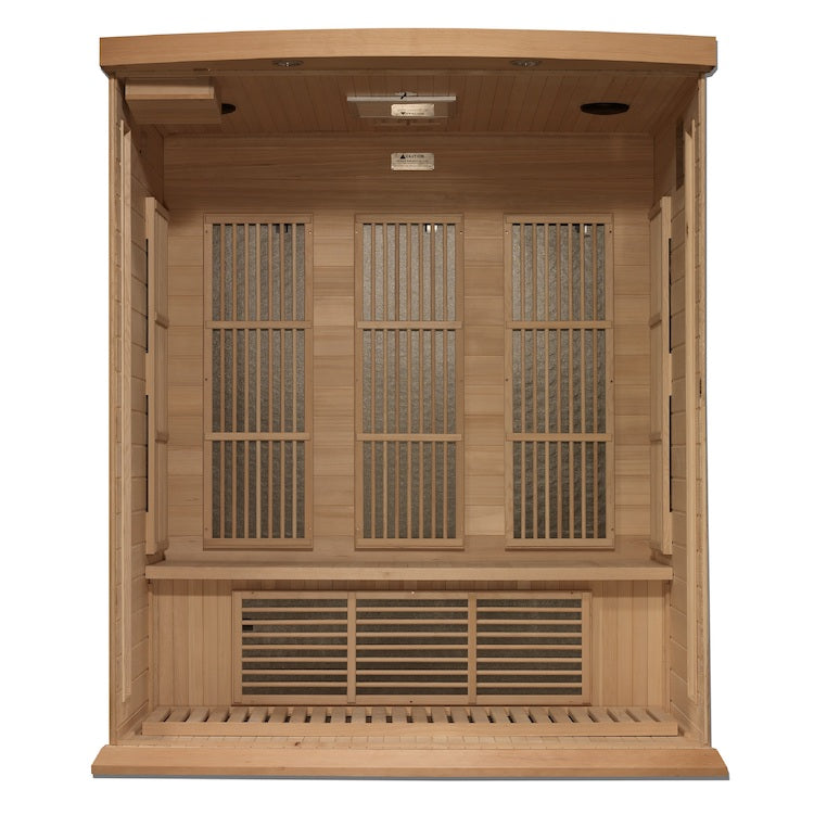 A Maxxus Saunas 3-Person Near Zero EMF FAR Infrared Sauna (Canadian Hemlock) with glass doors designed for optimal SEO while minimizing exposure to EMF.